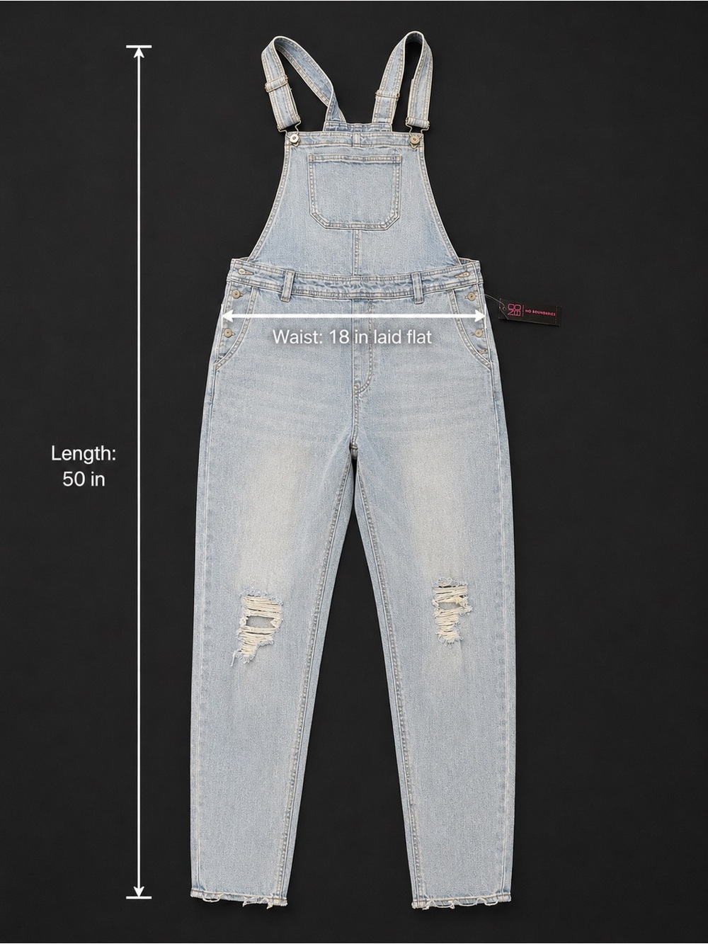 No Boundaries XXL 19 Light Wash Distressed Denim Bib Overalls NWT